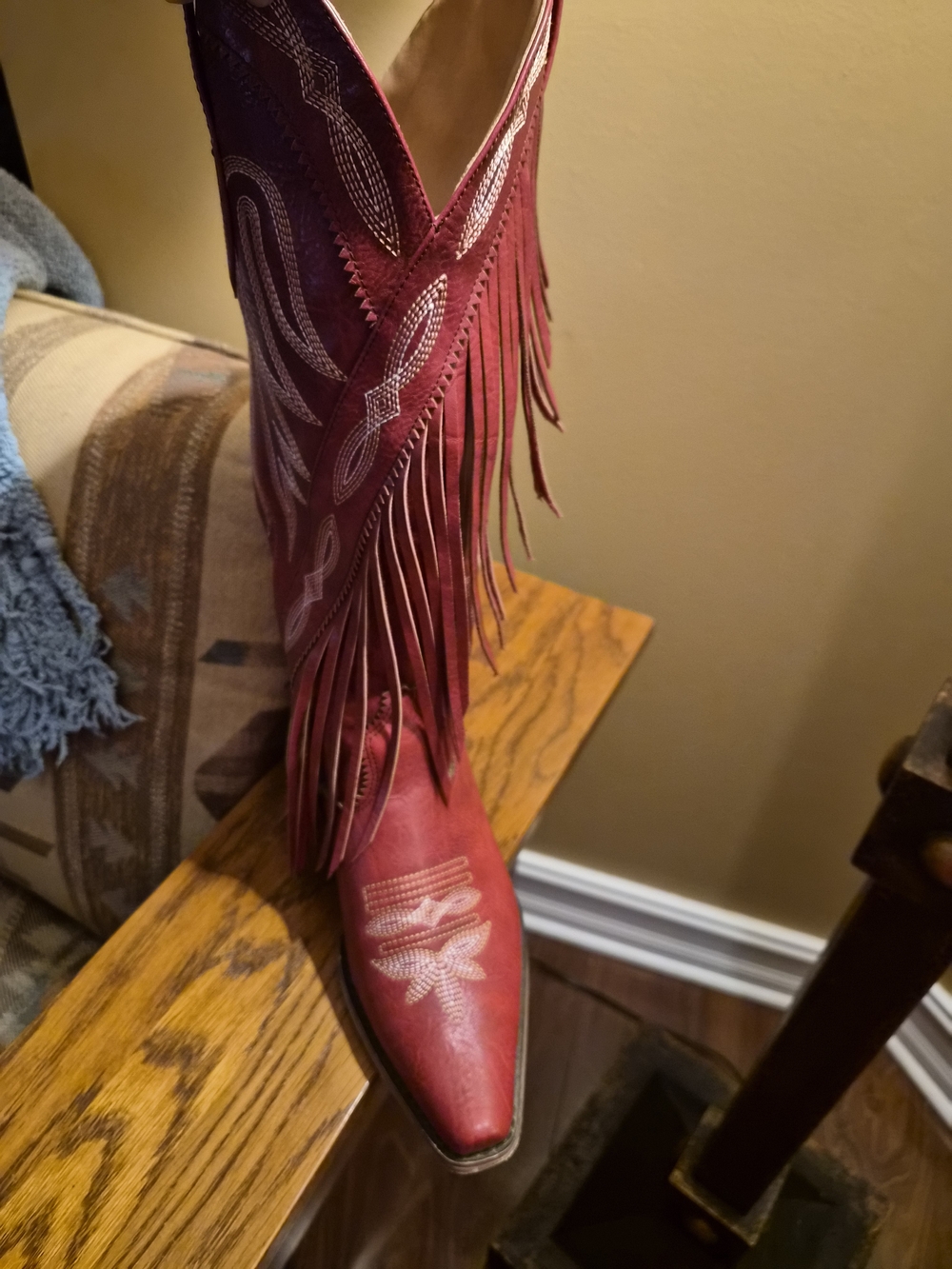 SHEIN Red Fringe Western Heeled Boots